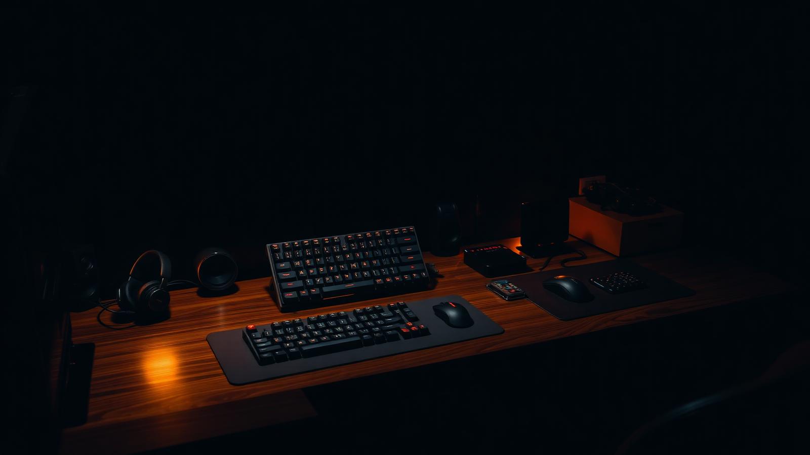 A dark walnut desk with keyboard, mouse and headset lit in warm amber